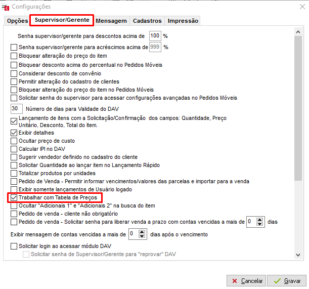 Tabela de preços no DAV