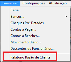 Menu Relatório Razão de Cliente