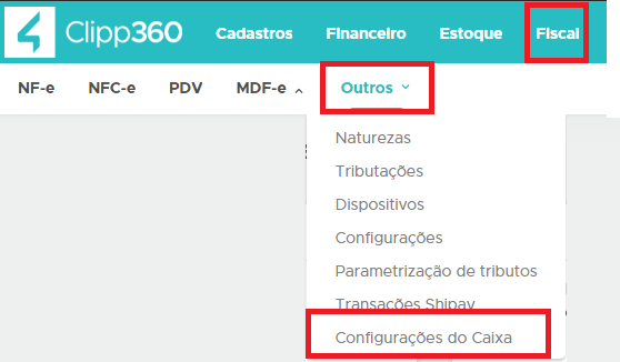 Menu Configurações do Caixa