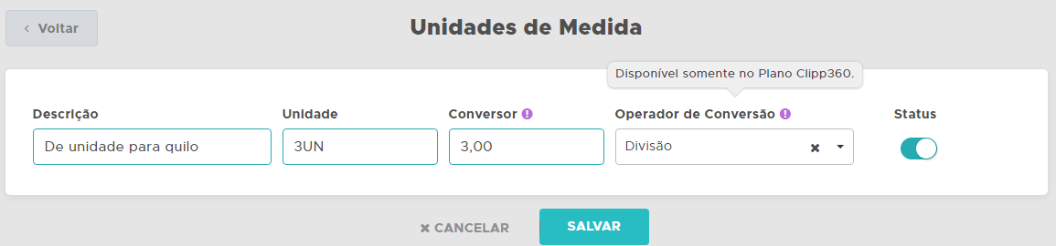 Cadastro de unidade com divisão