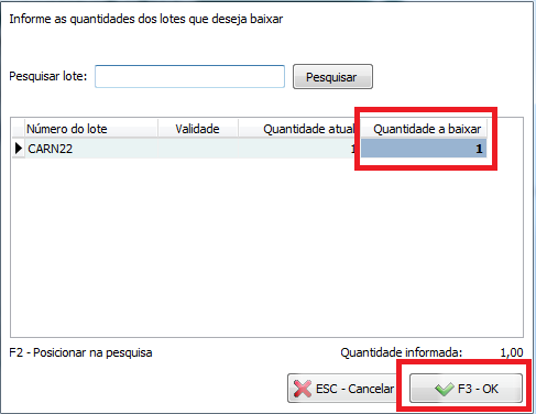 Quantidade a baixar do lote