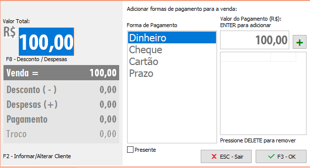 Seleção da forma de pagamento