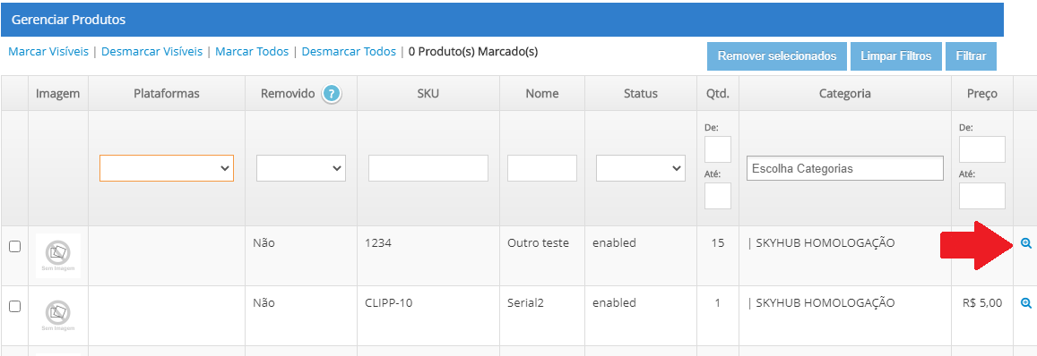 Informações do produto na SkyHub