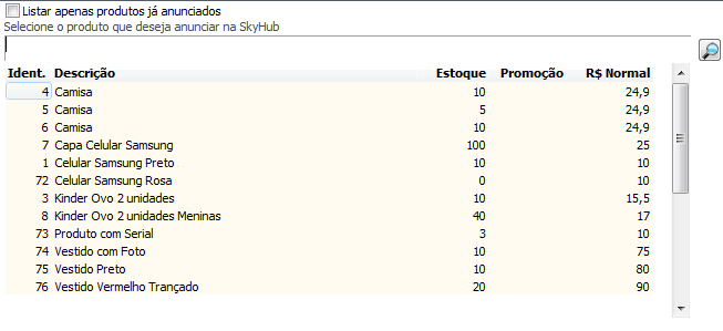Lista de produtos para o SkyHub