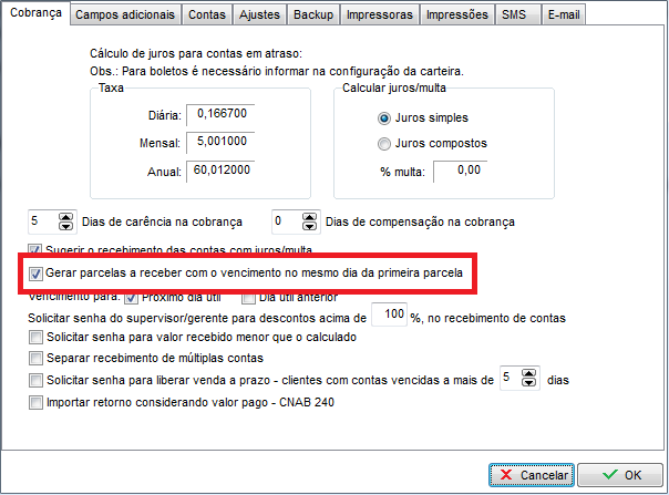 Parâmetro de vencimento no mesmo dia