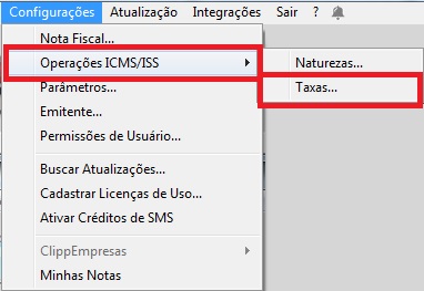 Configurações de operações ICMS/ISS - Taxas