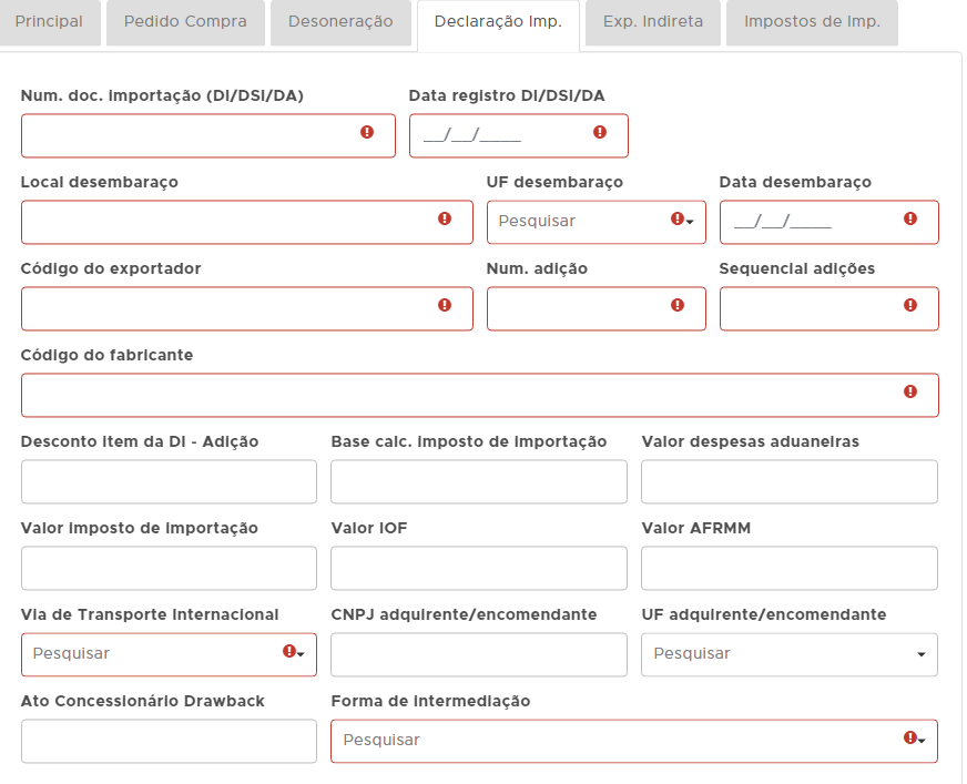Dados da importação