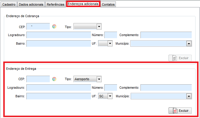 Endereços Adicionais do cliente