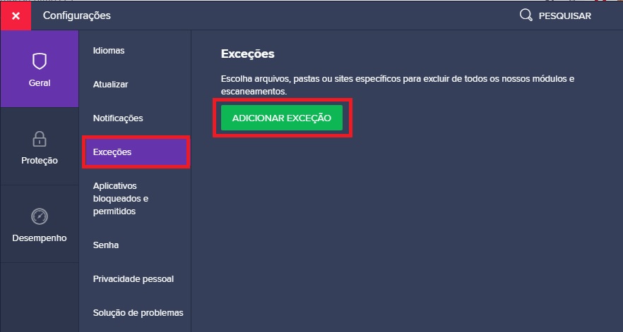 Adicionar Exceção no Avast