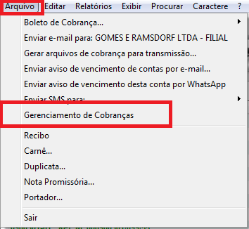 Menu Gerenciamento de cobranças