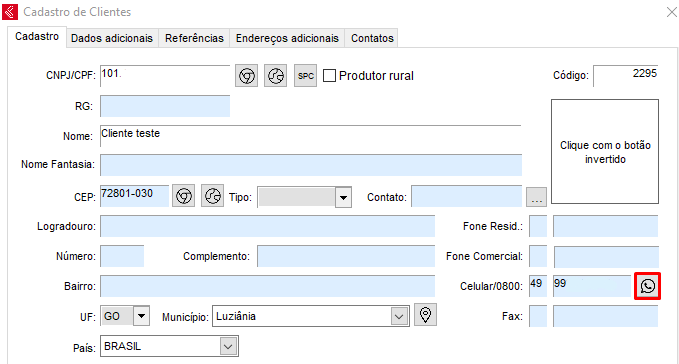 Envio de WhatsApp pelo cadastro do cliente