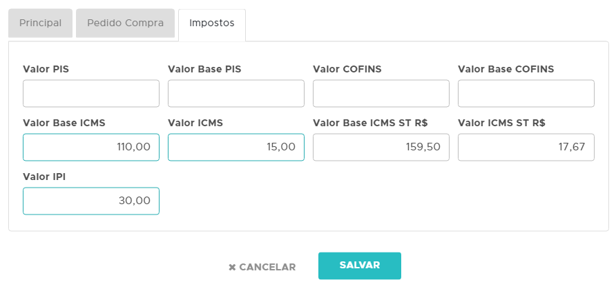 Campos de impostos do item