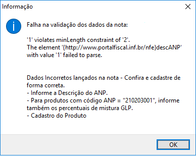 Rejeição descrição do ANP