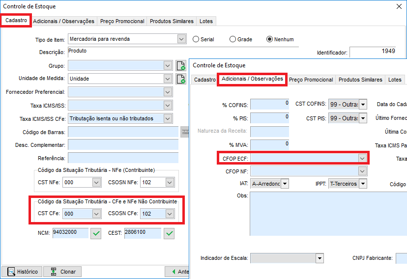 Campos CFOP ECF, CST e CSOSN no cadastro