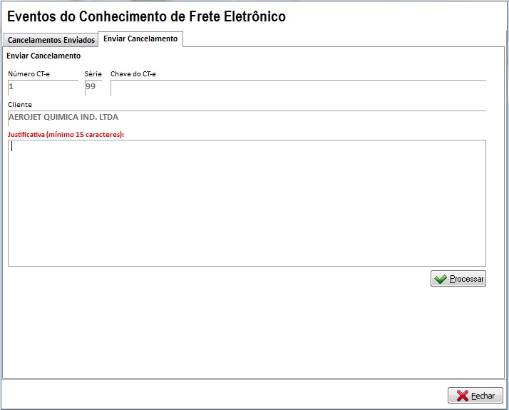 Tela de cancelamento do CT-e com a justificativa