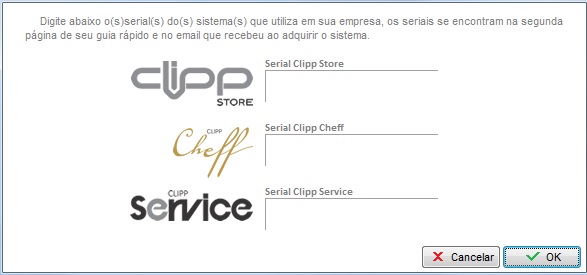 Tela para informar os seriais do Clipp Store