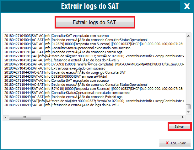 Opção Extrair logs do SAT
