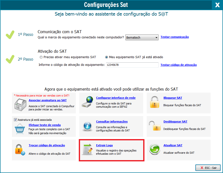 Botão Extrair LOGs do SAT