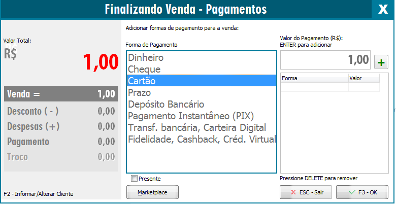 Forma de pagamento Cartão