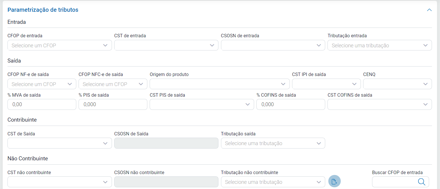 Aba Parametrização de Tributos em Fiscal, Configurações