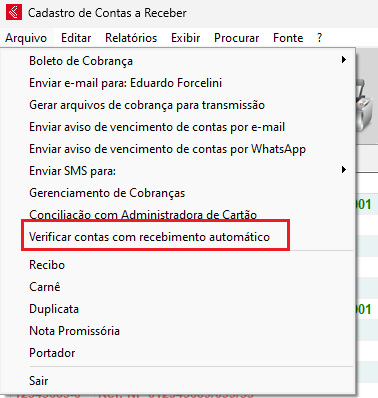 Menu Arquivo do Contas a Receber