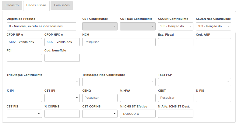 Aba Dados Fiscais do produto