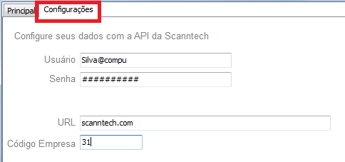 Aba Configurações do ScannTech