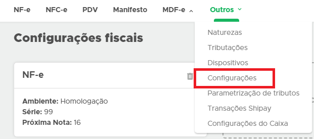 Menu Fiscal Outros Configuracoes