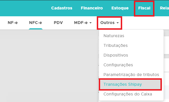 Menu Transações Shipay