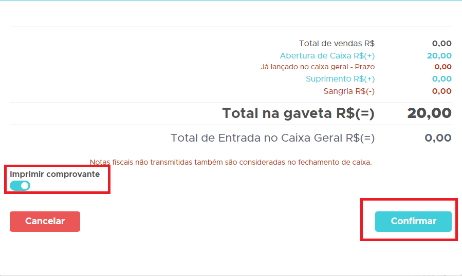 Valores do fechamento de caixa