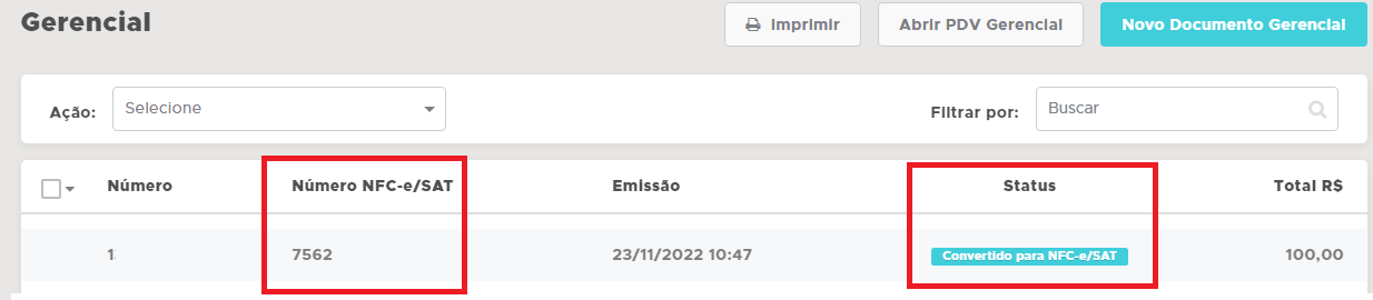 Status convertido para NFC-e SAT