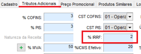 Percentual de IRRF no produto