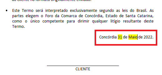 Data de assinatura no termo