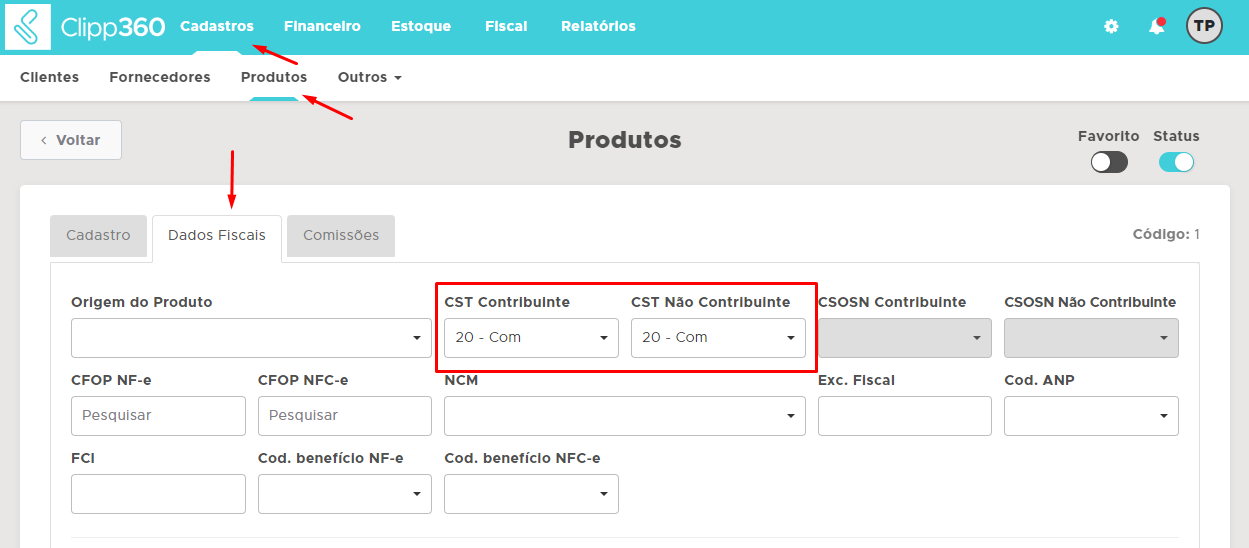 Conferência do CST no produto