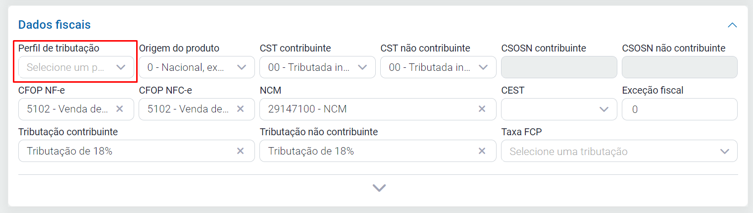 Campo Perfil de tributação nos Dados Fiscais