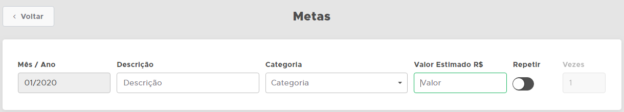Tela de cadastro de meta