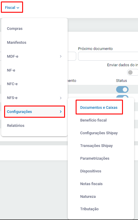 Configurações de Documentos e Caixas