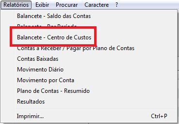 Menu Balancete Centro de Custos