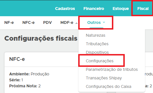 Menu Configurações da Shipay