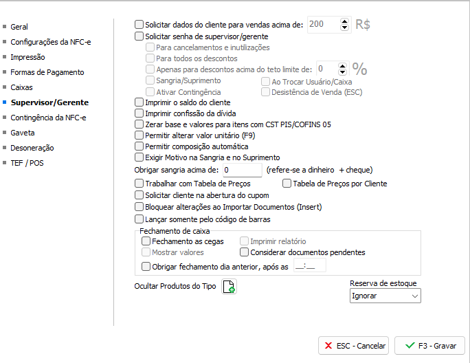 Demais configurações do Supervisor/Gerente