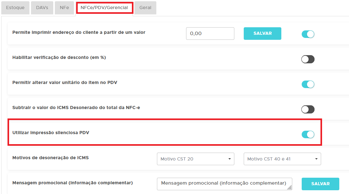 Impressão silenciosa PDV
