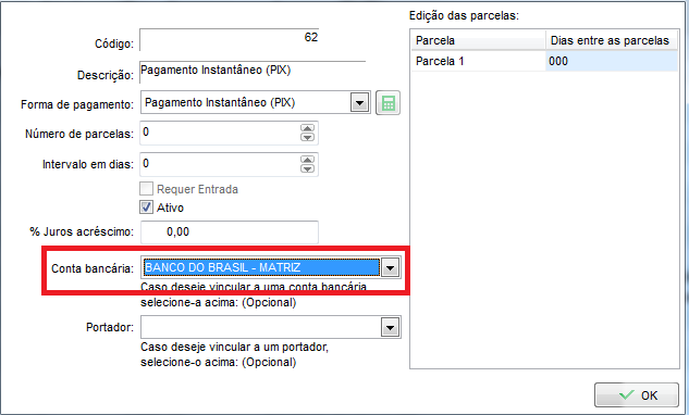 Banco preenchido no cadastro do meio de pagamento em Parcelamentos