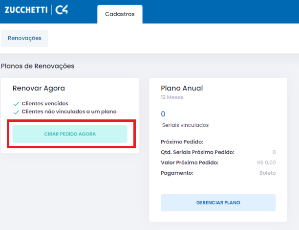 Painel de renovações — Criar pedido agora