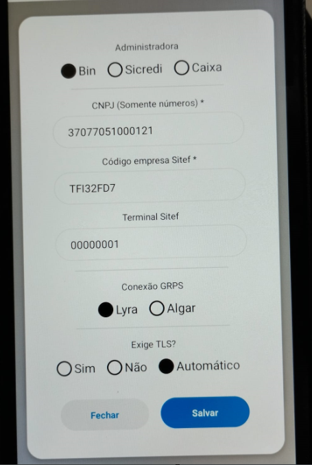 Configurações do TEF no ZPOS