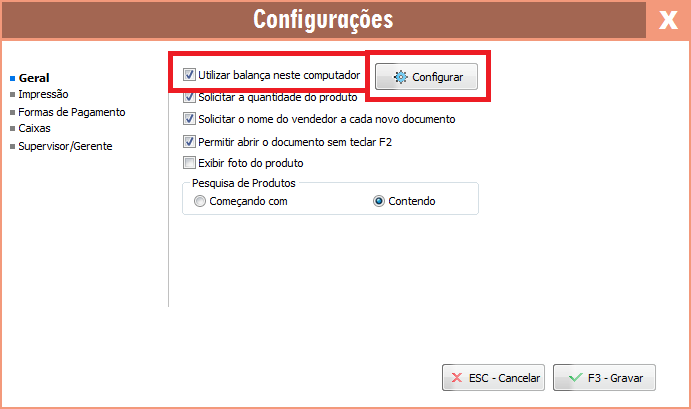 Opção da balança na aba Geral
