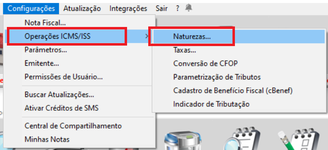 Menu Naturezas em Operacoes ICMS/ISS