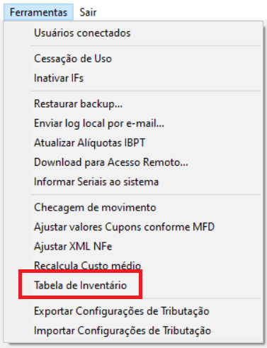 Menu Tabela de Inventario