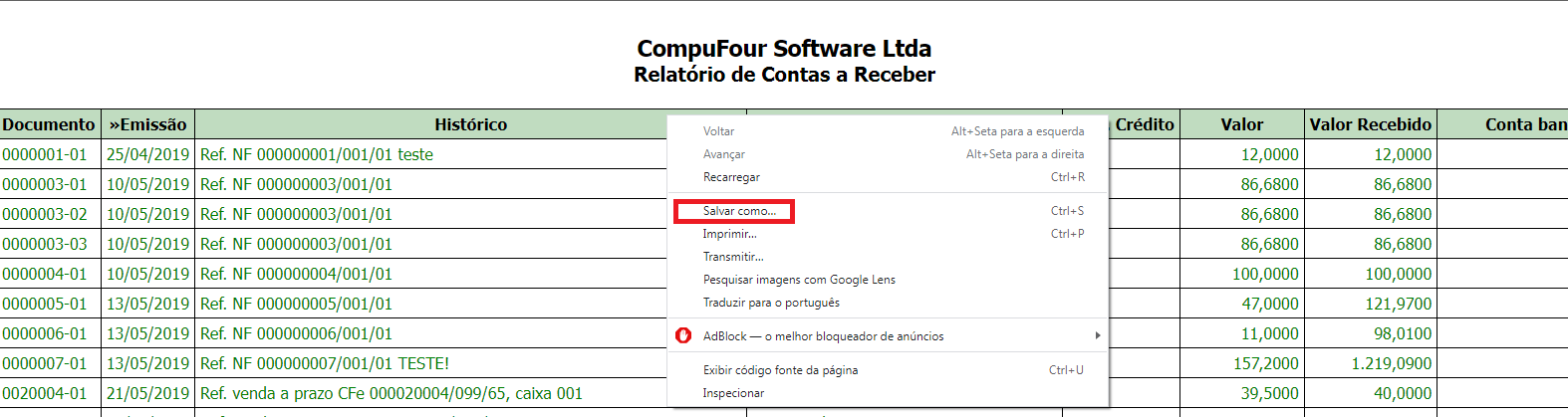 Grid exportada em HTML pela tecla F7