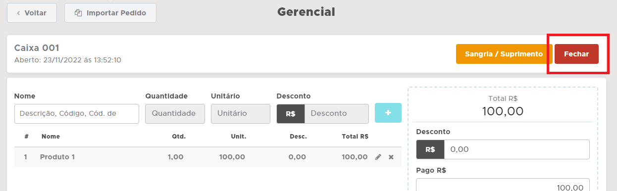 Fechar caixa gerencial
