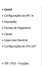 Menu de outras configurações do SAT